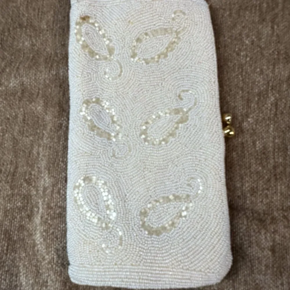 Vintage Cream Hand Beaded in Belgium Clutch bag with Coin Purse
